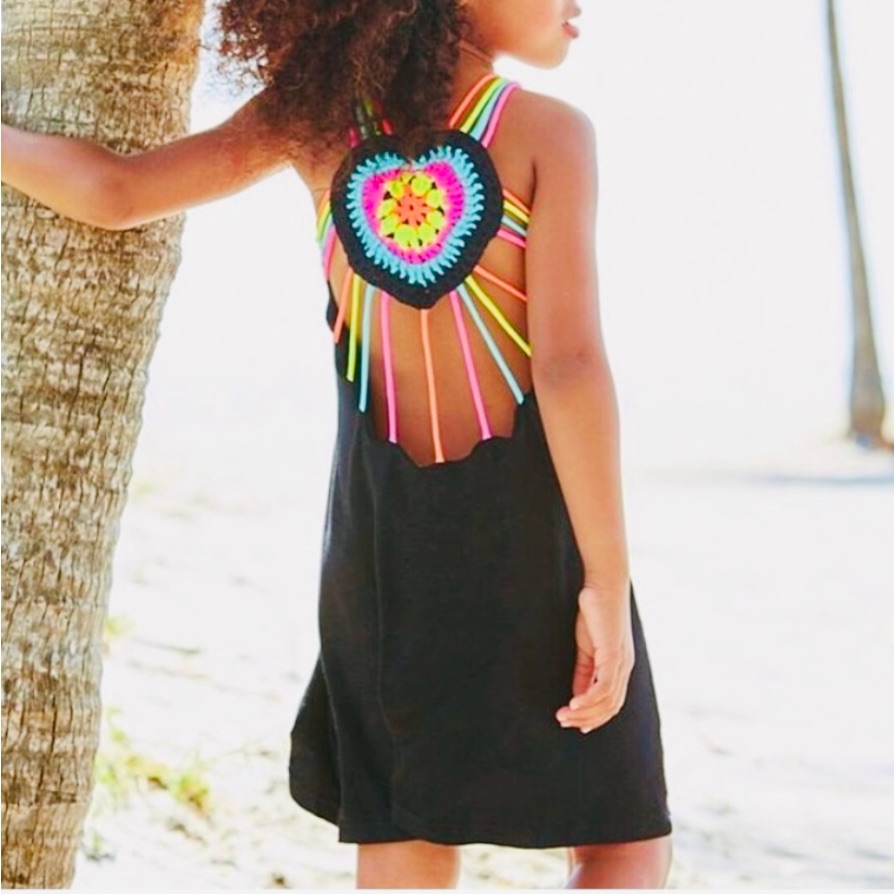 Little Pexioto Black Mona Dress With Neon Crochet Heart Back - Nwot (Kids M)